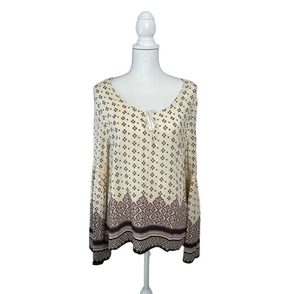 Aeropostale Cream Semi-Sheer Printed Boho Festival Loose Casual Top Size L - Picture 1 of 11